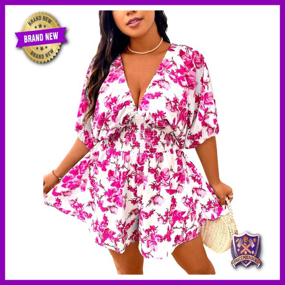 Plus Size Floral Dolman Sleeve V Neck Romper Jumpsuit Boho Casual